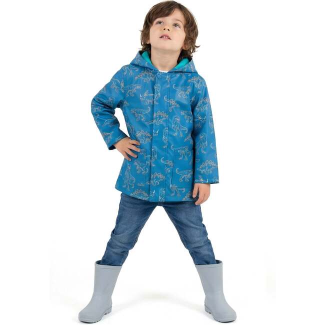 Boys Allover Print Raincoat, Blue Dino