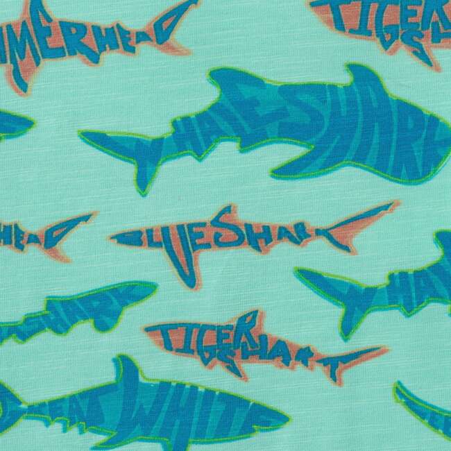 Boys Graphic Tee, Teal Sharks - T-Shirts - 6