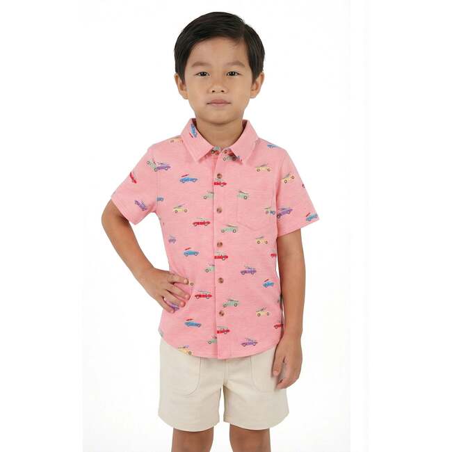 Boys Blue Printed Knit Buttondown, Orange Cars - Button Downs - 4