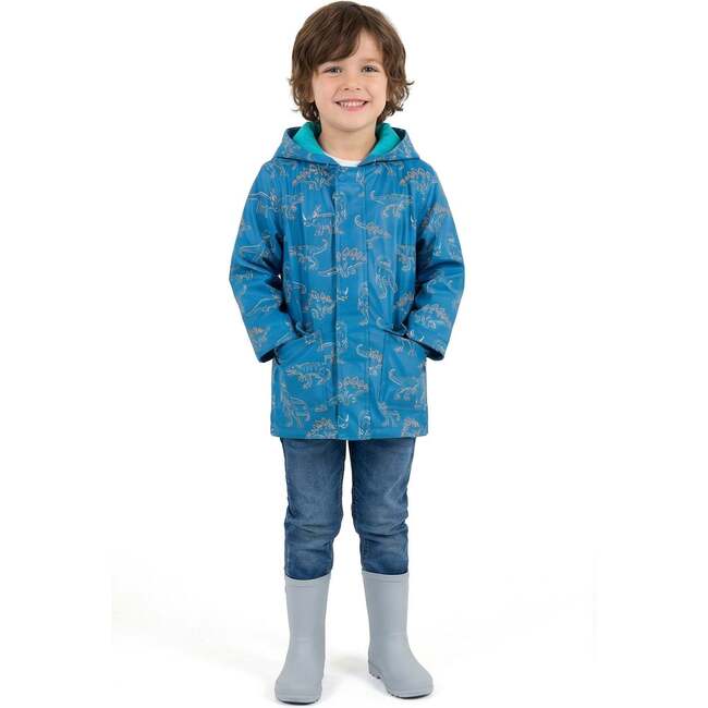 Boys Allover Print Raincoat, Blue Dino - Raincoats - 6