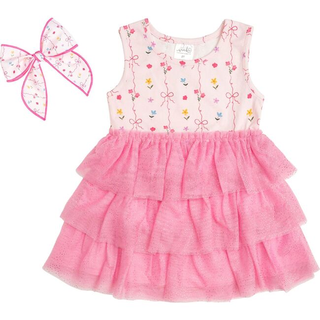 Peony Floral Tank Tutu Dress & Bow Set, Pink