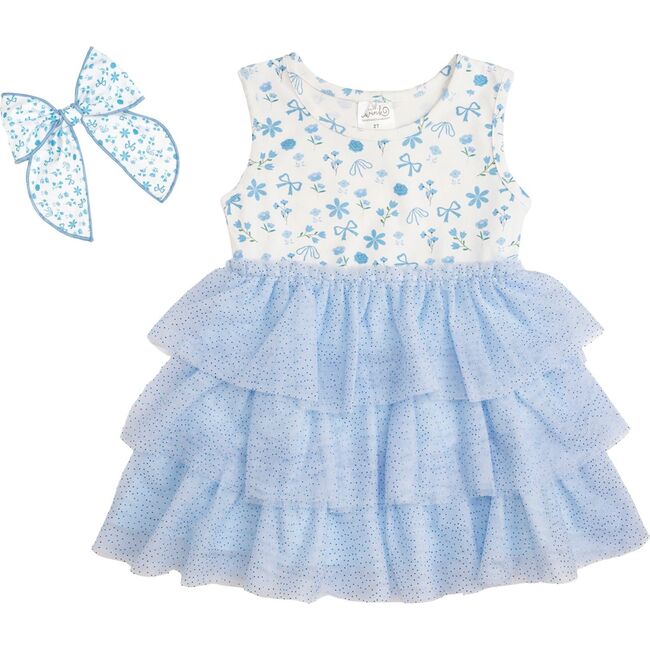 Sky Floral Tank Tutu Dress & Bow Set, Blue
