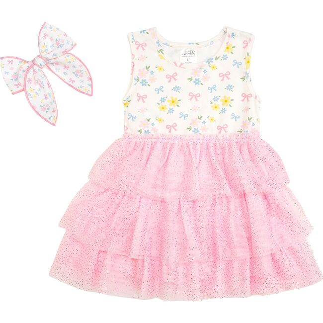 Sweet Floral Tank Tutu Dress & Bow Set, Pink