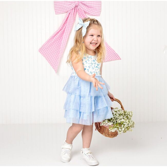 Sky Floral Tank Tutu Dress & Bow Set, Blue - Dresses - 3