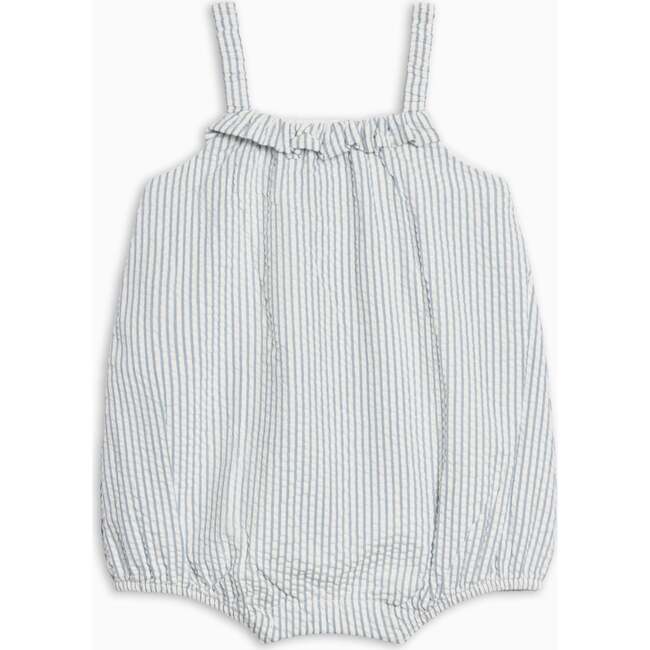 Rosalie Seersucker Ruffle Bubble Romper, Shore Stripe / Sea