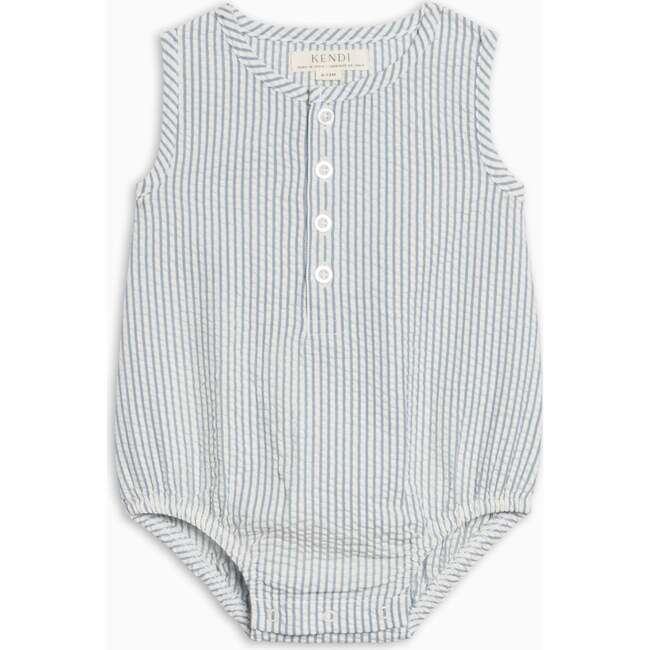Wren Seersucker Bubble Romper, Shore Stripe / Sea
