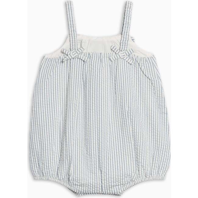 Rosalie Seersucker Ruffle Bubble Romper, Shore Stripe / Sea