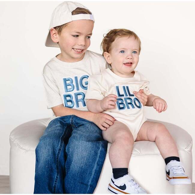 Lil Bro Embroidered Patch Short Sleeve Romper, Natural - Rompers - 4