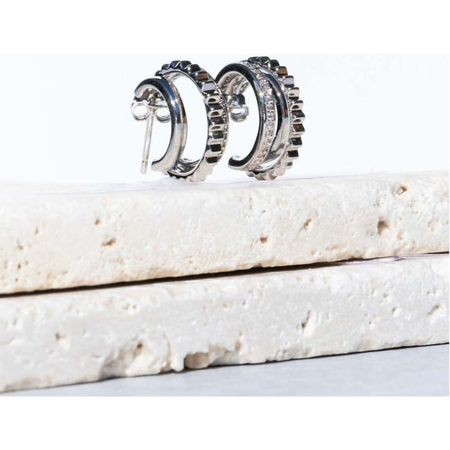 Triple Threat Huggie Hoop Earrings, Silver - Earrings - 5