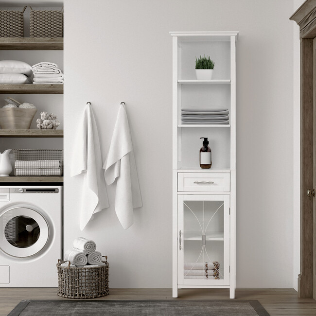 Delaney Wooden Linen Cabinet with Drawer and Open Shelves, White