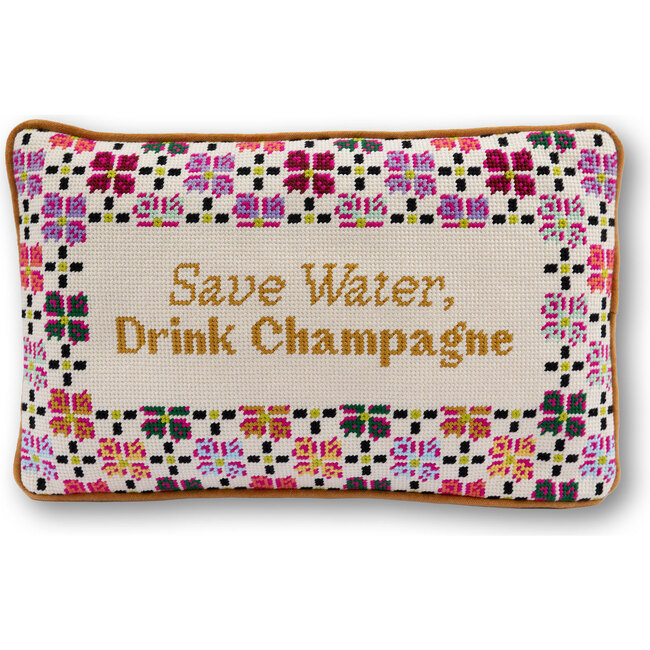 Drink Champagne Needlepoint Pillow, Pink, White, Purple