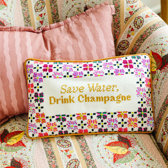Drink Champagne Needlepoint Pillow, Pink, White, Purple - Decorative Pillows - 4
