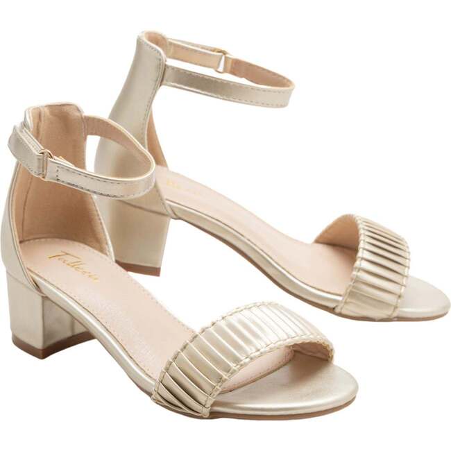 Pleated Lined Band Block Heels, Gold - Sandals - 3