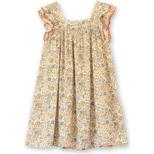 Girls Square Neck Dress, Orange and Blue Floral - Dresses - 1