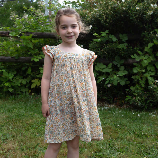 Girls Square Neck Dress, Orange and Blue Floral - Dresses - 5