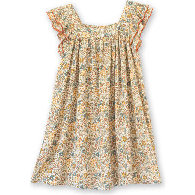 Girls Square Neck Dress, Orange and Blue Floral - Dresses - 7