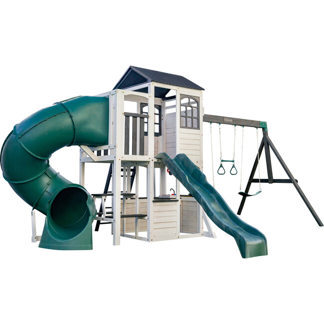 Wrangler Way Wooden Swing Set / Playset with Playhouse, 2 Slides and 3 Swings