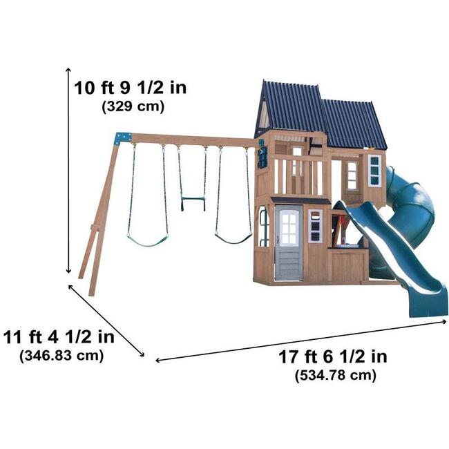 Acadia Manor Wooden Outdoor Swing Set / Playset with Zigzag Fireman's Pole - Outdoor Games - 7