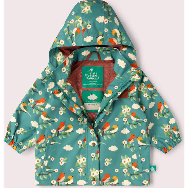 Turquoise Birds Recycled Waterproof Raincoat, Turquoise