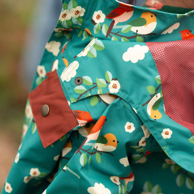 Turquoise Birds Recycled Waterproof Raincoat, Turquoise