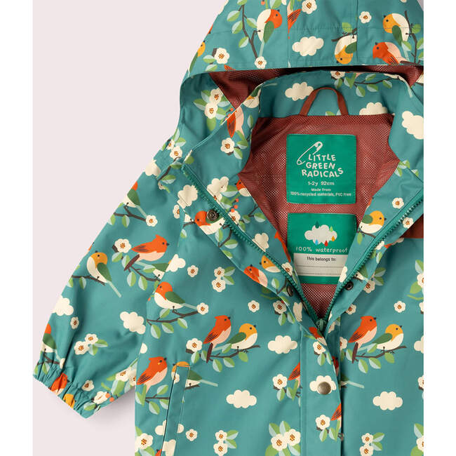 Turquoise Birds Recycled Waterproof Raincoat, Turquoise - Raincoats - 5