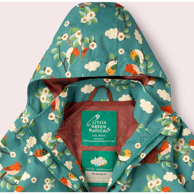 Turquoise Birds Recycled Waterproof Raincoat, Turquoise - Raincoats - 6