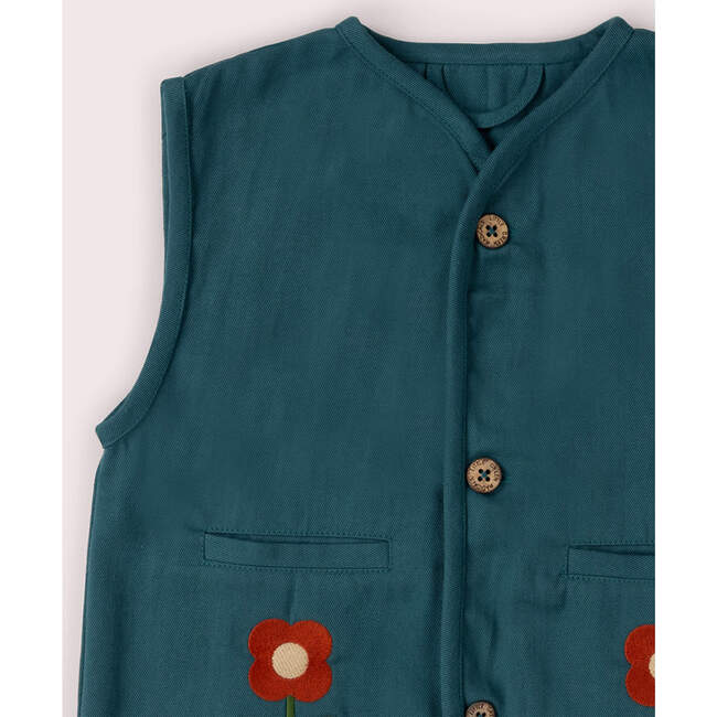 Navy Embroidered Flowers Spring Gilet, Blue - Vests - 3