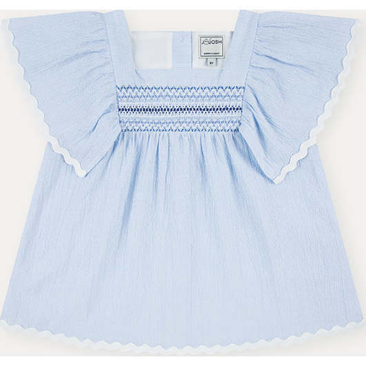 Seersucker Smocked Girl Blouse, Light Blue