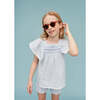 Seersucker Smocked Girl Blouse, Light Blue - Blouses - 4