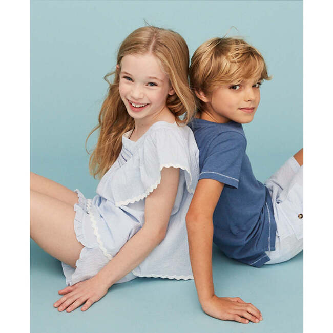 Seersucker Girl Frill Shorts, Light Blue - Blouses - 4