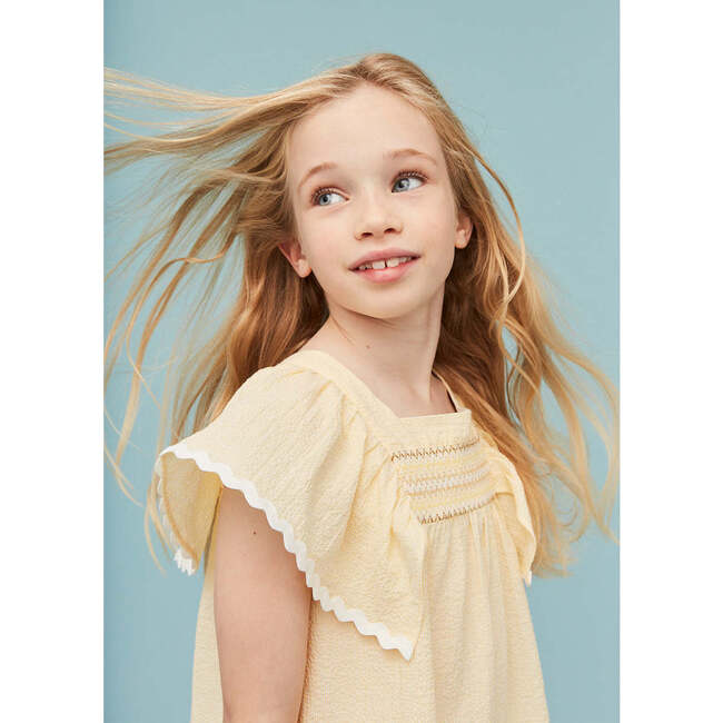 Seersucker Smocked Girl Blouse, Vanilla Yellow - Blouses - 6