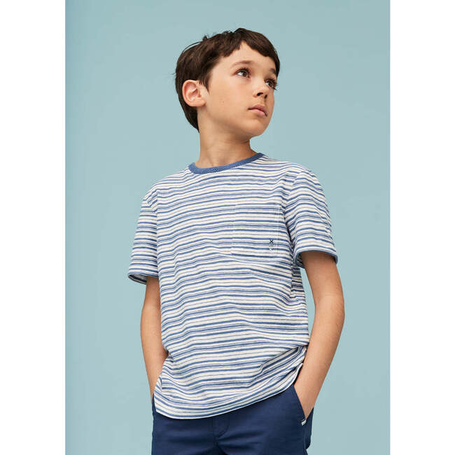 Linen Cotton T-Shirt, Blue Horizon Stripes