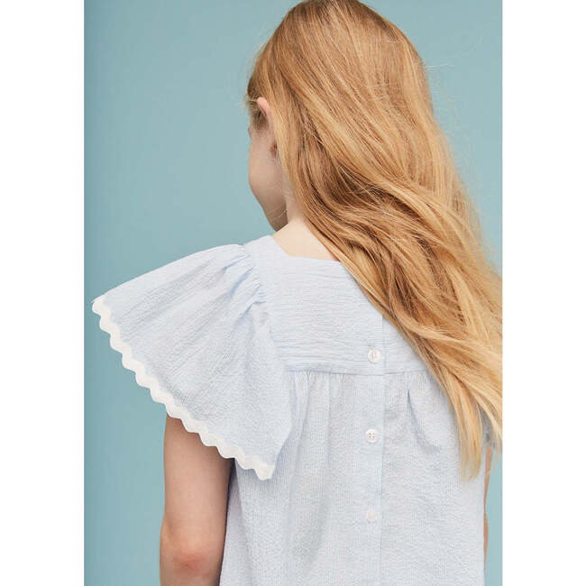 Seersucker Smocked Girl Blouse, Light Blue - Blouses - 5