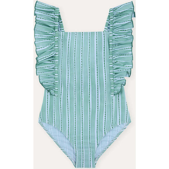 Girls' Ruffle Swimsuit, Green Stripes