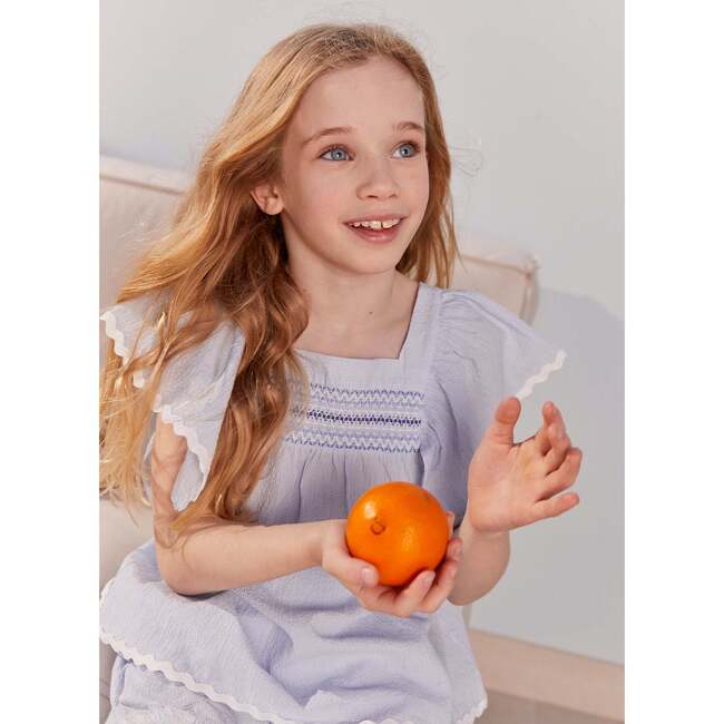 Seersucker Smocked Girl Blouse, Light Blue - Blouses - 7