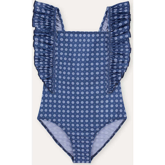 Girls' Ruffle Swimsuit, Blue Geo