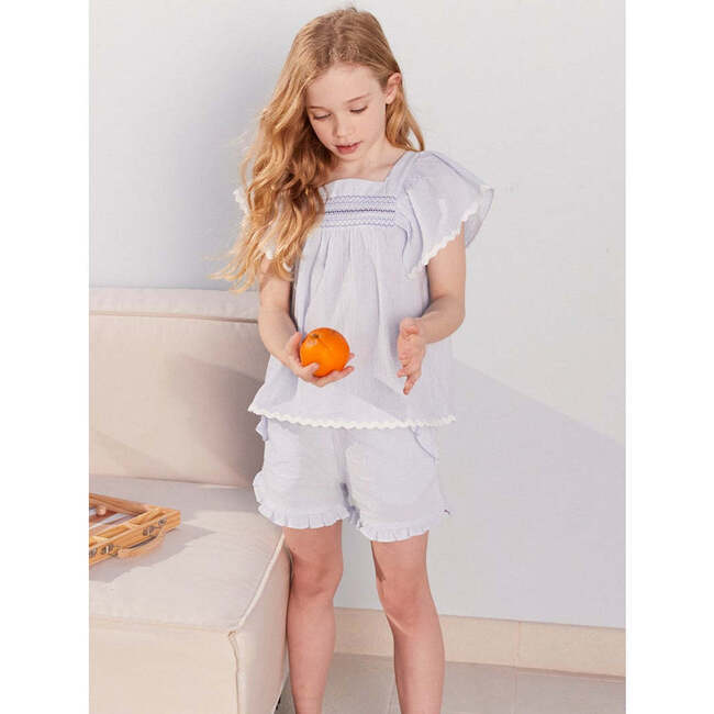Seersucker Girl Frill Shorts, Light Blue - Blouses - 7