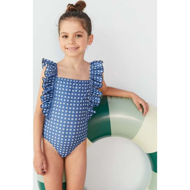 Girls' Ruffle Swimsuit, Blue Geo