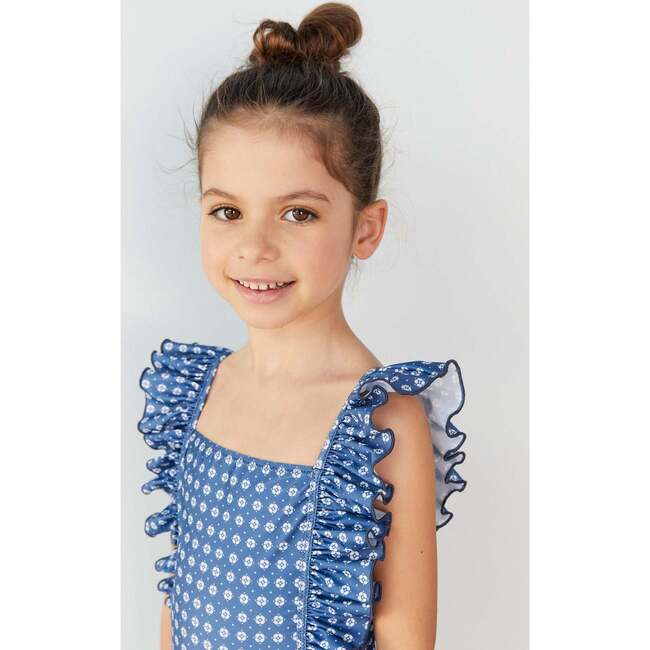 Girls' Ruffle Swimsuit, Blue Geo - One Pieces - 6
