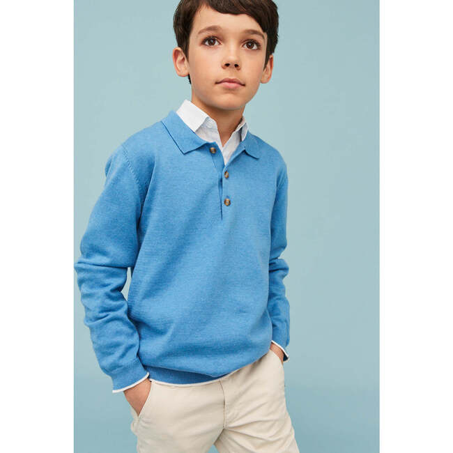 Cotton Polo Jumper, Sea Blue - Sweaters - 7