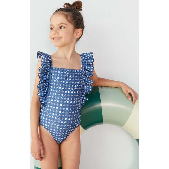 Girls' Ruffle Swimsuit, Blue Geo - One Pieces - 7