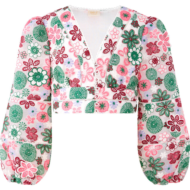 Everlee Floral Embroidered Long Balloon Sleeve Top, Multicolors - Blouses - 1