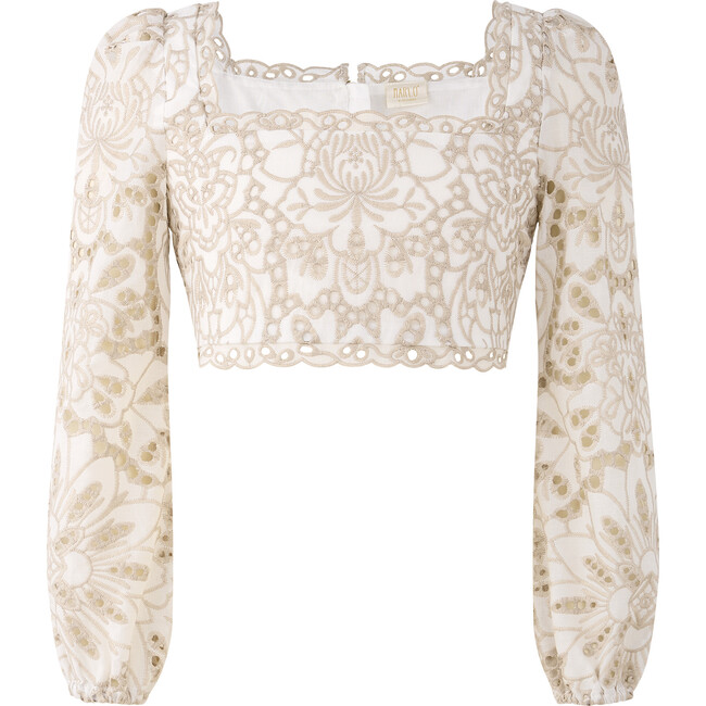 Makayla Floral Embroidered Long Sleeve Top, Cream - Blouses - 1
