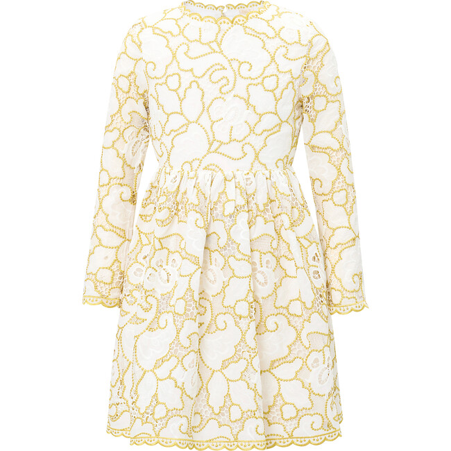 Ella Embroidered Long Sleeve Dress, Cream & Gold - Dresses - 1