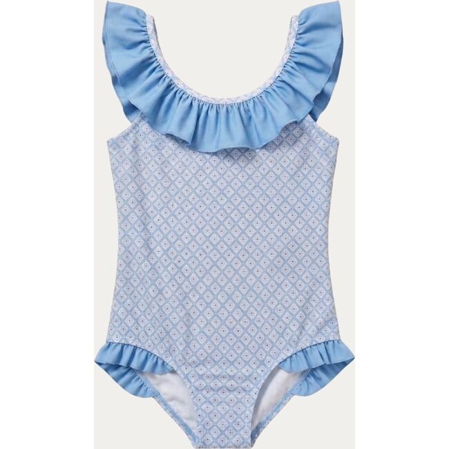 Girls' Ruffle Swimsuit, Sky Blue Geo