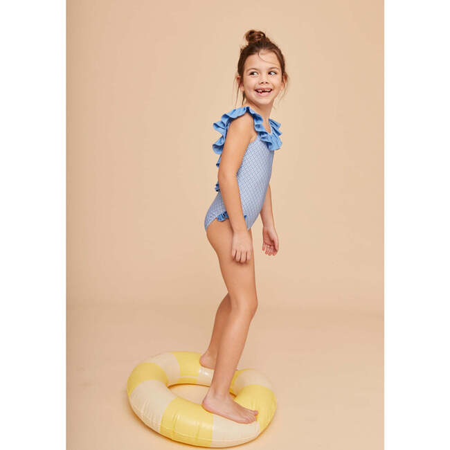 Girls' Ruffle Swimsuit, Sky Blue Geo