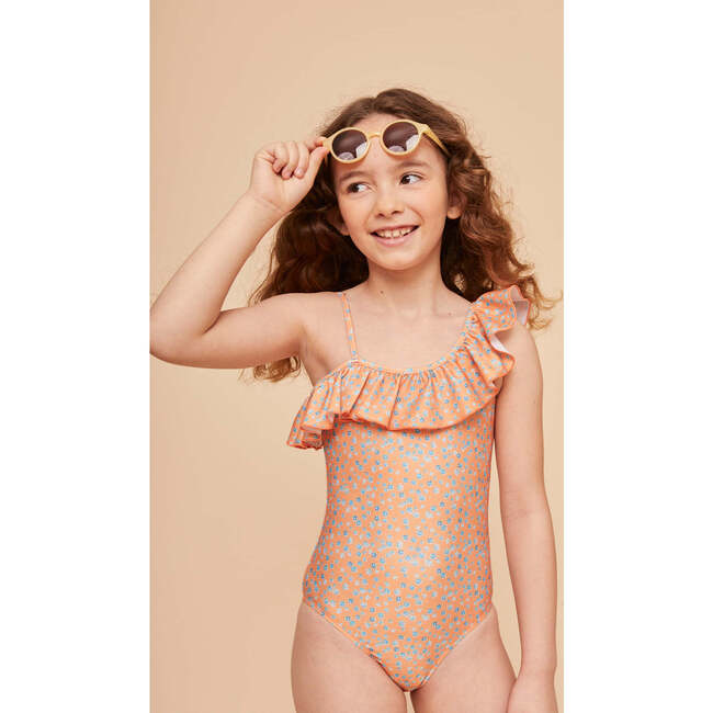 Girls' Ruffle Swimsuit, Orange Flowers