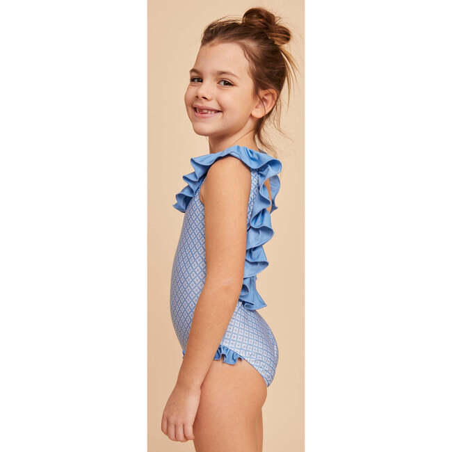 Girls' Ruffle Swimsuit, Sky Blue Geo - One Pieces - 5