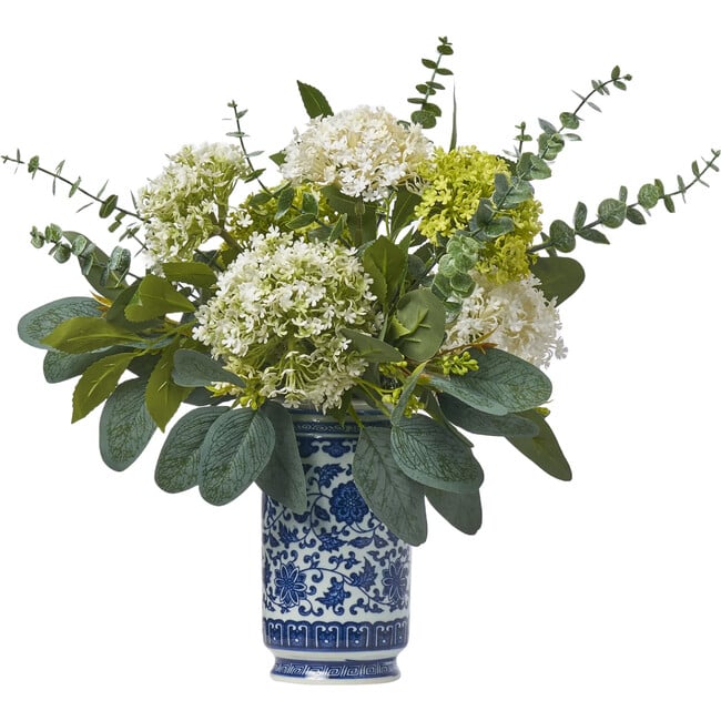 Mini Green & White Snowball with Eucalyptus Chinoiserie Vase