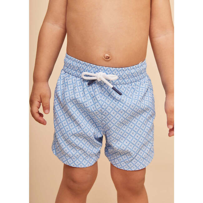 Boy's Swim Shorts, Sky Blue Geo - Swim Trunks - 3
